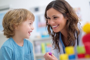 Obraz premium Friendly Hispanic Pediatric Nurse Interacting with Young Child in Bright Healthcare Setting