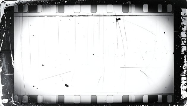 A black and white film strip with a white background and scratches