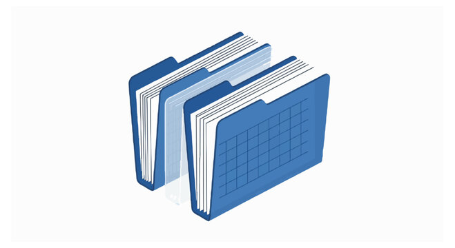 An isometric illustration depicts two blue plastic folders containing organized stacks of paper with a translucent middle section.