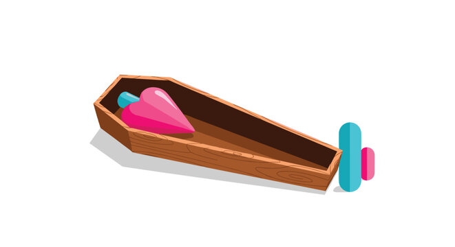 Illustration of a bright pink heart lying inside an open wooden coffin with colorful capsules nearby on a white background.