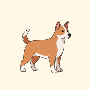 Stylized vector illustration of a mixed-breed village dog standing in side profile, featuring tan and white fur, pointed ears, a curled tail, and white paws on a plain light background.