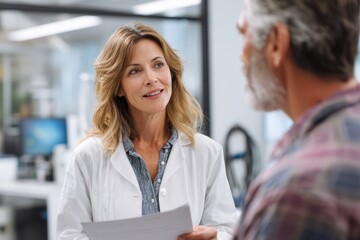 Fototapeta premium Smiling female doctor discussing medical results with senior male patient in modern clinic