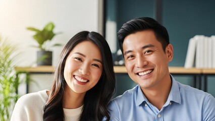 Fototapeta premium Happy smiling young Asian couple sitting together in modern office environment with bright natural light and green plants creating a cheerful professional atmosphere for teamwork and success