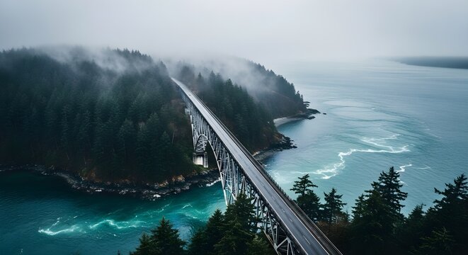 Moody Deception Pass Bridge with Fog and Puget Sound Currents