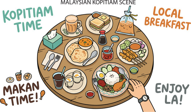 Malaysian Kopitiam Scene Table Food & Drinks Local Breakfast, Illustration Doodle Cartoon Collection