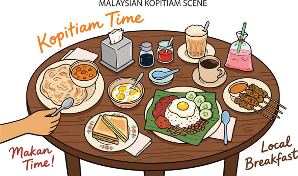 Malaysian Kopitiam Scene Table Food & Drinks Local Breakfast, Illustration Doodle Cartoon Collection