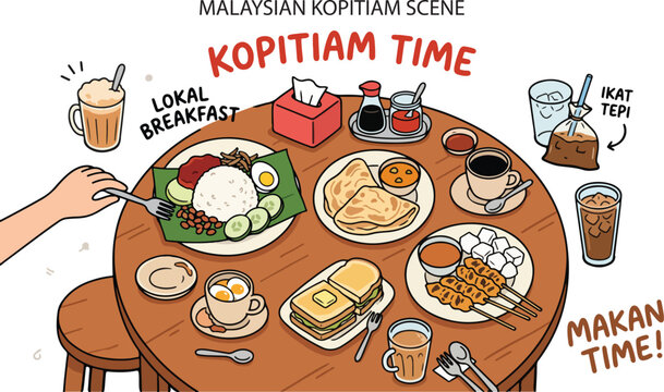 Malaysian Kopitiam Scene Table Food & Drinks Local Breakfast, Illustration Doodle Cartoon Collection