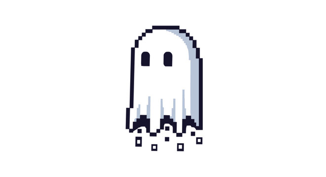 Simple pixel art illustration of a white floating ghost with black eyes and a digital disintegration effect at the bottom on a white background.