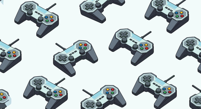 Isometric pattern of grey video game controllers with colored buttons on a light blue background for gaming culture and tech enthusiasts.
