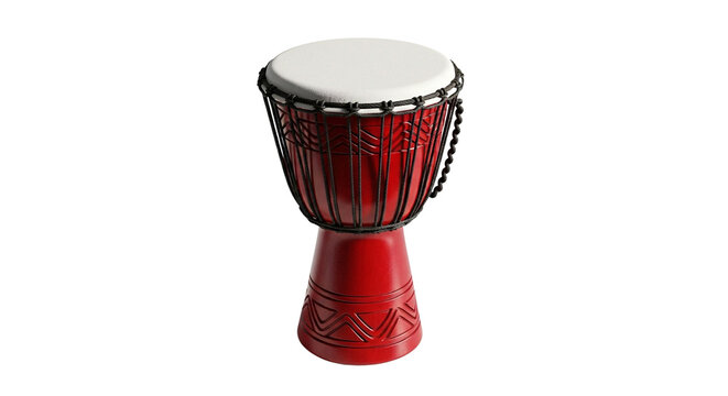 A red djembe drum with a white head on transparent background