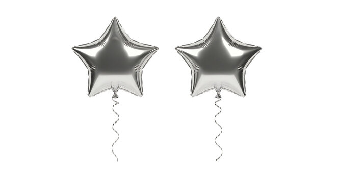 Two shiny silver star-shaped balloons floating on a transparent background