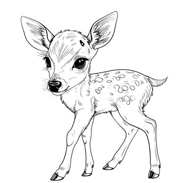 A black and white illustration of a young deer with large eyes