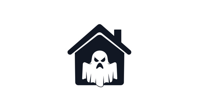 Black silhouette of a simple house icon with a white angry ghost inside representing a haunted home or spooky dwelling on a white background.