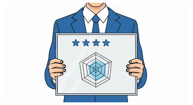 A professional businessman in a blue suit and tie holds a white display board containing four stars and a blue radar chart graphic.