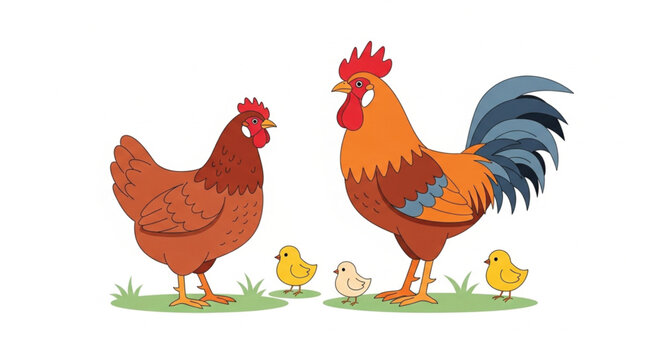 Farm chicken family vector set with rooster hen and cute yellow chicks cartoon illustration isolated on white background