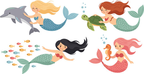 Fototapeta premium Cute Mermaid Cartoon Set with Sea Girls Swimming with Dolphin Turtle Fish and Seahorse Underwater Fantasy Illustration Collection