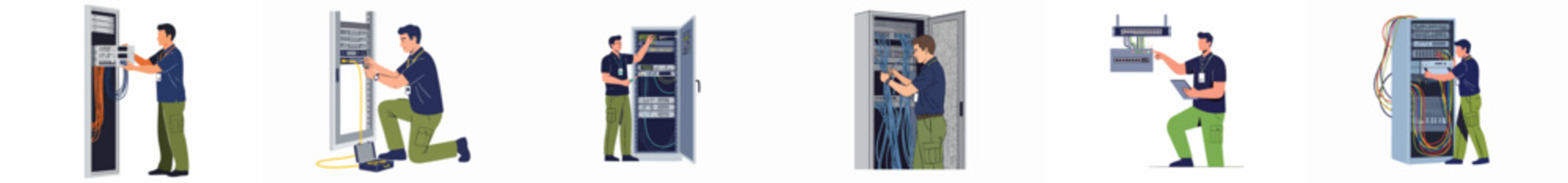 Fototapeta premium Set of illustrations depicting male network technicians installing, maintaining, and managing equipment in server racks and data centers.