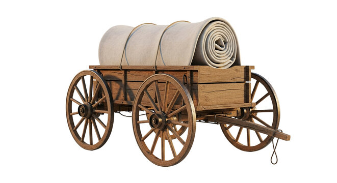 A wooden wagon with large wheels and a rolled canvas cover on transparent background