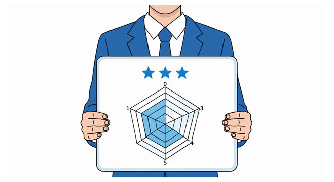 A man dressed in a formal blue business suit holds a white board featuring three blue stars and a numbered spider chart diagram.