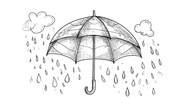 A black and white illustration of an umbrella in the rain