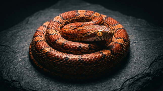 Vibrant orange snake coiled on dark textured stone under spotlight