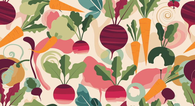 Seamless pattern of vegetables like carrots beets and leafy greens in earthy tones on a light background for healthy food themes.