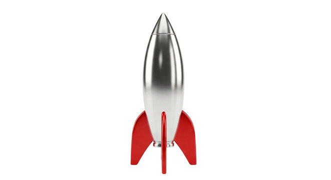 A sleek silver rocket with red fins stands alone on a black background on transparent background