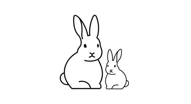 Simple black and white line art illustration of a mother rabbit and her small bunny sitting side by side on a white background.