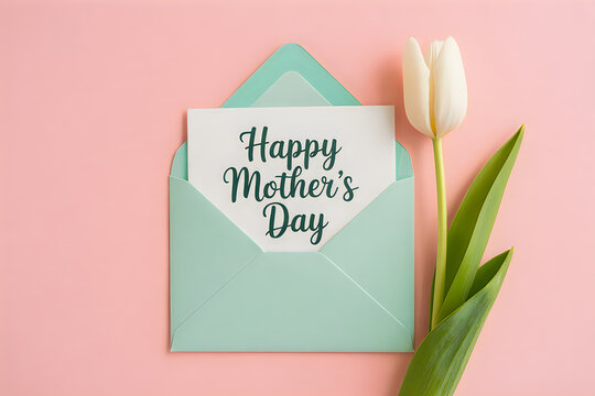 White tulip and happy mother's day card in mint green envelope on pink background