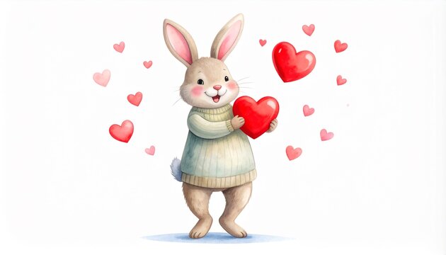 Cute Bunny Holding Red Heart.