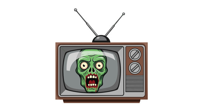 Creepy illustration of a green zombie head with glowing eyes and an open mouth appearing on a retro television screen.