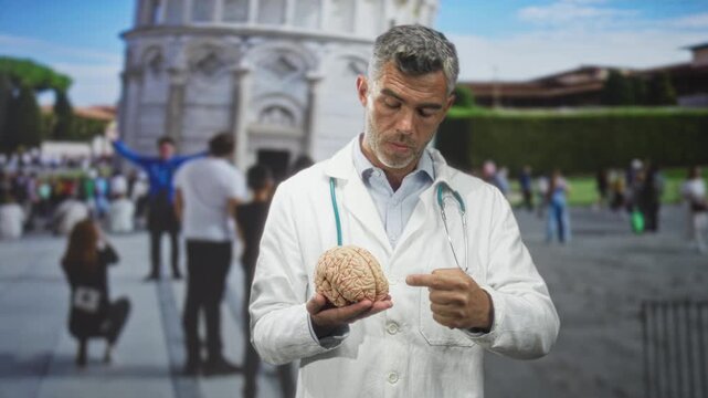 Man doctor in white coat holds brain and points finger to model in front of historic building; curiosity neuroscience education.