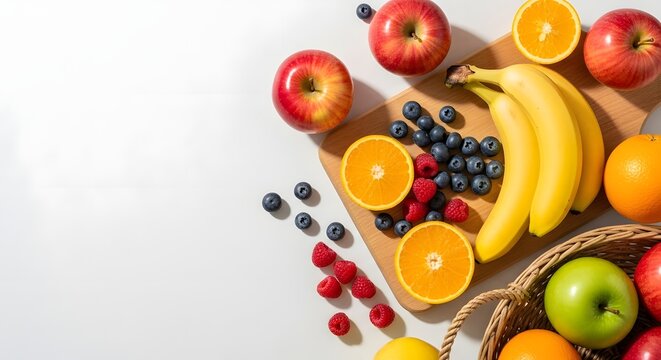 Vibrant fruit arrangement apples oranges bananas berries and a green apple