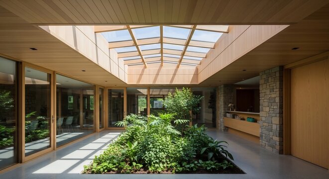 Modern Courtyard with Lush Greenery and Skylight.