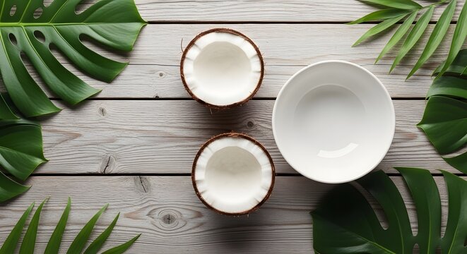 Tropical coconut halves and lush greenery on weathered wood