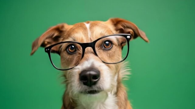 Dog Wearing Glasses Looking at Camera on Green Screen 4K