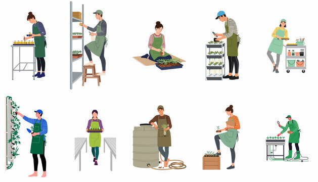 Illustration of diverse people working in modern indoor and vertical farming environments, including hydroponics, seedling care, and sustainable urban agriculture practices.