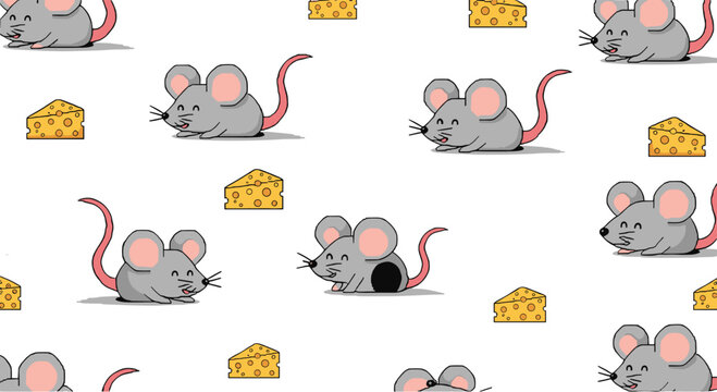 Adorable pixel art pattern of small gray mice and slices of yellow swiss cheese repeating on a white background for nursery.