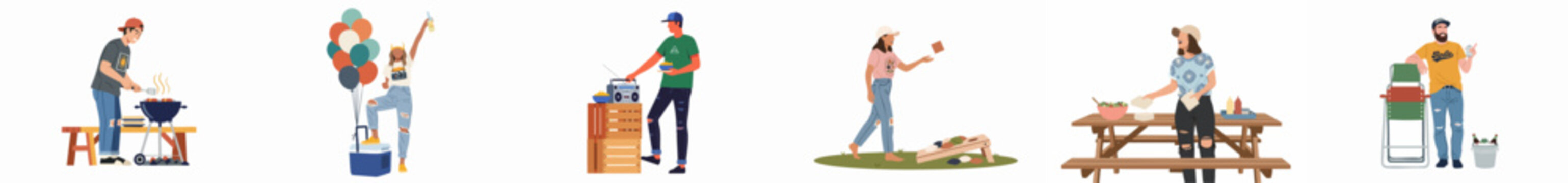 Collection of illustrated people enjoying outdoor summer activities such as grilling, playing yard games, and picnicking at a barbecue or tailgate party.