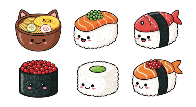 Kawaii Japanese food vector set with cute sushi ramen and maki characters in flat cartoon style for kids menu