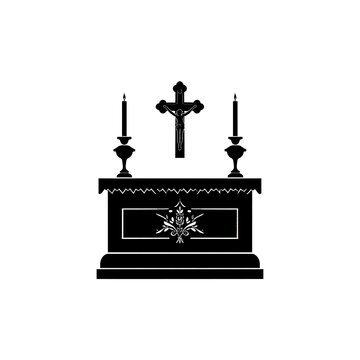 A black and white image of a decorated altar