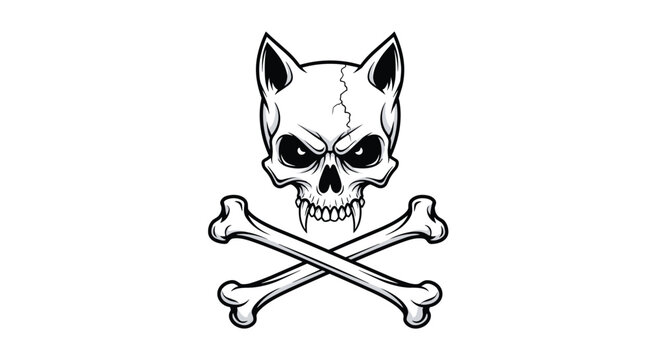 Stylized skull with pointed cat ears and sharp fangs positioned over two crossed bones in a pirate-inspired mascot design.