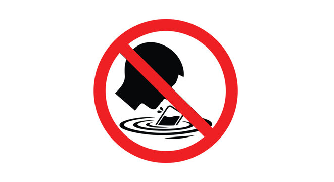 Prohibitory safety sign featuring a black silhouette of a person throwing a smartphone into water ripples behind a red slash.