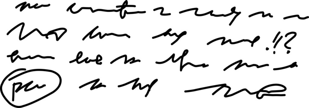 Abstract black handwritten scribble text, messy cursive notes style, illegible writing pattern, ink pen strokes isolated on white background