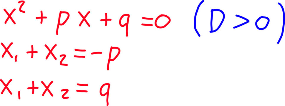 Handwritten quadratic equation formula with variables and discriminant note, red and blue ink math concept isolated on white background