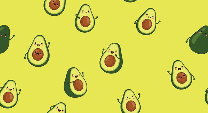 Delightful seamless pattern of green avocado halves with cute smiling faces and waving hands on a bright yellow background.