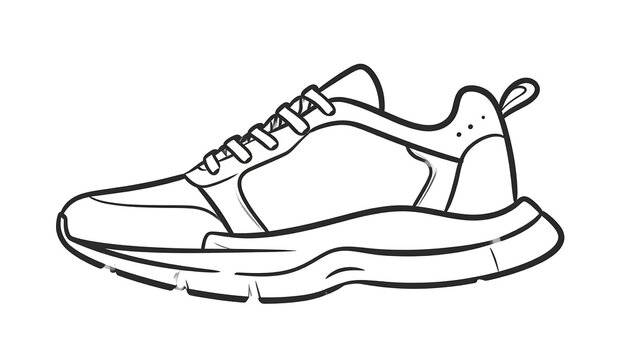 A black and white line drawing of a right-foot athletic shoe