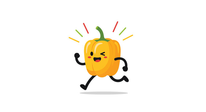 Energetic yellow bell pepper cartoon character running with a happy expression and winking eye on a white background.