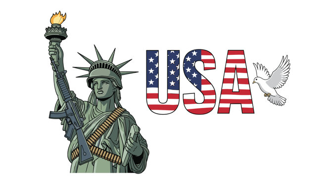 Statue of Liberty holding an assault rifle and ammunition belts next to a peace dove and USA text with flag pattern.