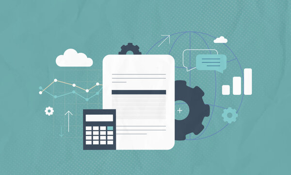 Financial analytics dashboard with reporting data and business metrics in digital interface. Financial reporting workflow with analytics dashboard and performance tracking system vector illustration